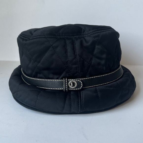 Coach Quilted Bucket Winter Hat in Black With Leather Trim Petite Small